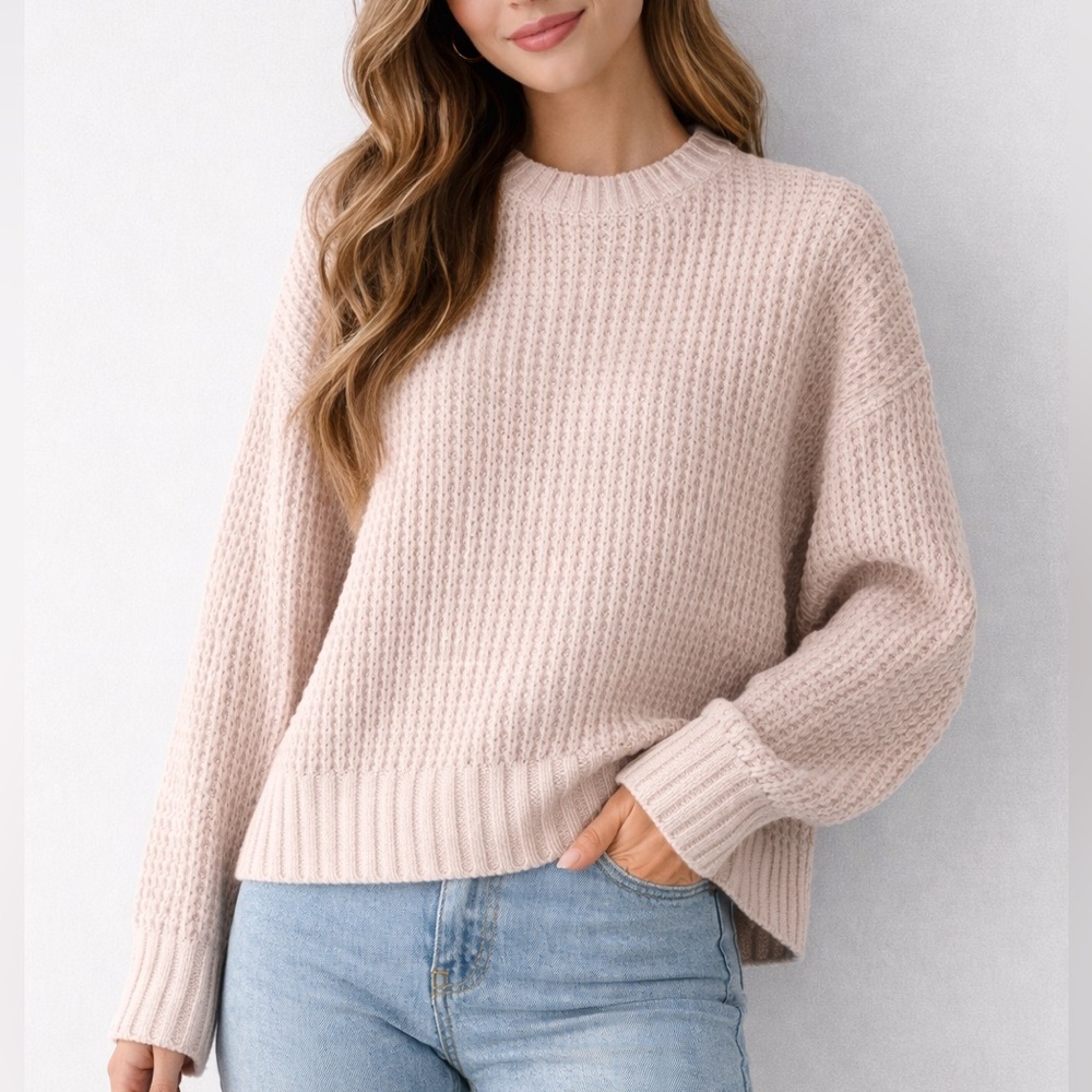 🆕 Pink Rose Blush Chenille Waffle Knit Oversized Sweater XS Cozy Ribbed Hem Chic